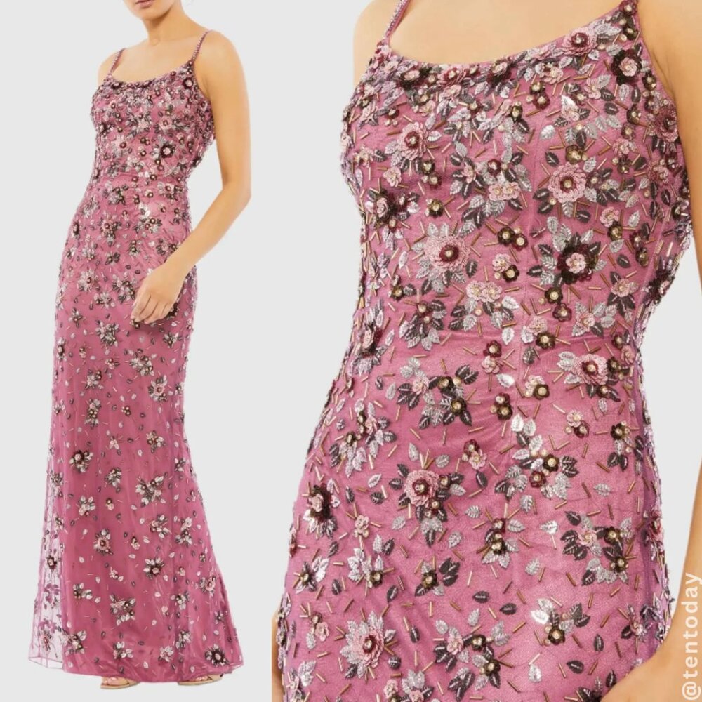 $598 Mac Duggal Size 4 Berry Pink Silver Floral Embellished Long Maxi Dress Gown